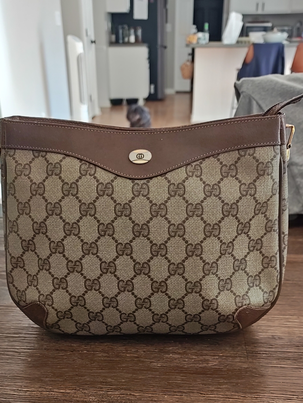 Gucci Brown GG Monogram Shoulder Bag with Leather Trim